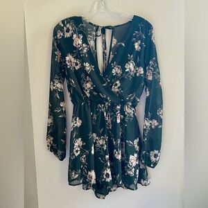 Final Touch Forest Green Floral Long Sleeve Romper with Back Ties